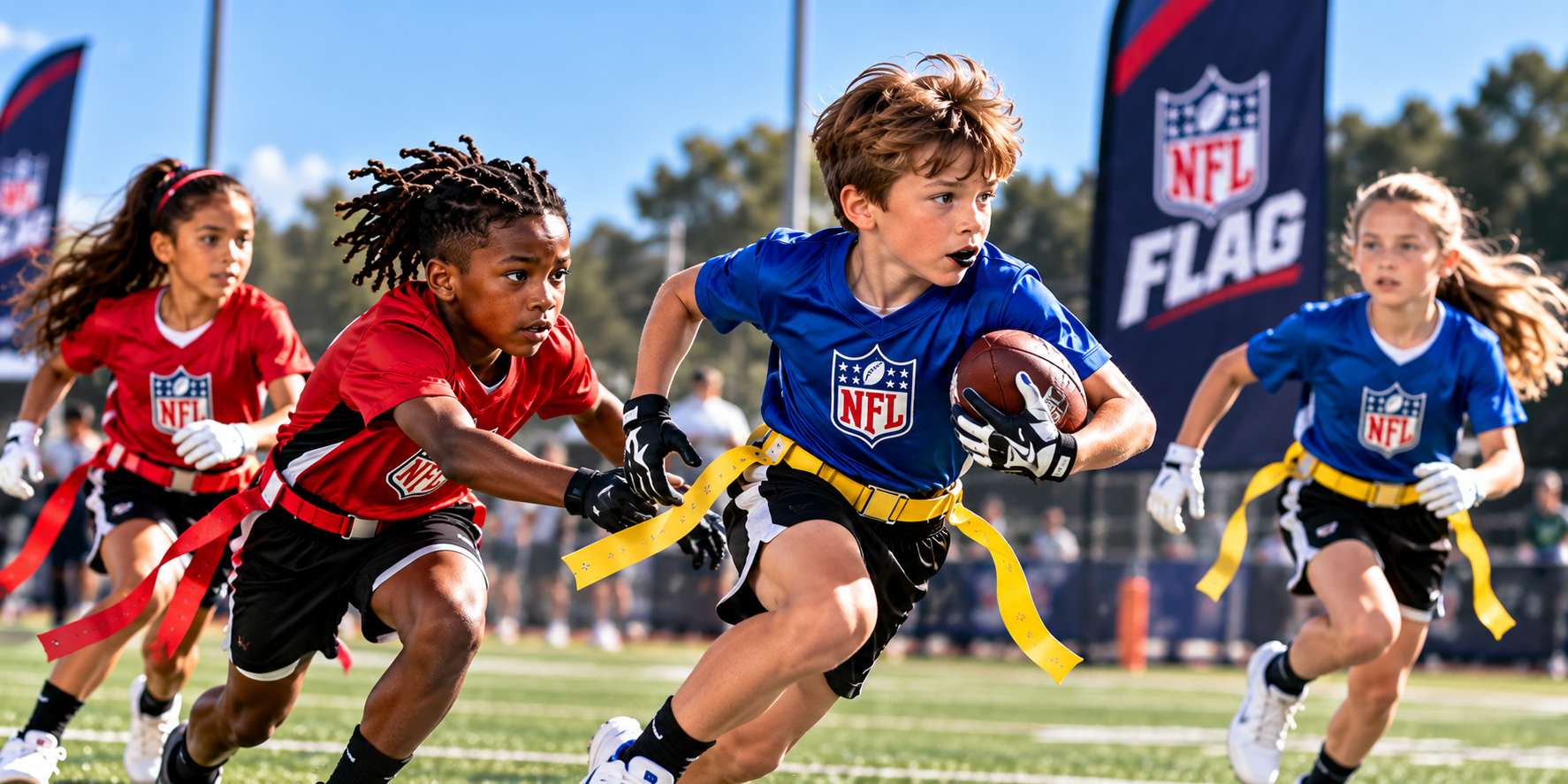 Youth boys and girls playing NFL FLAG football — a ball carrier in a blue jersey running as a defender in red reaches for his flag