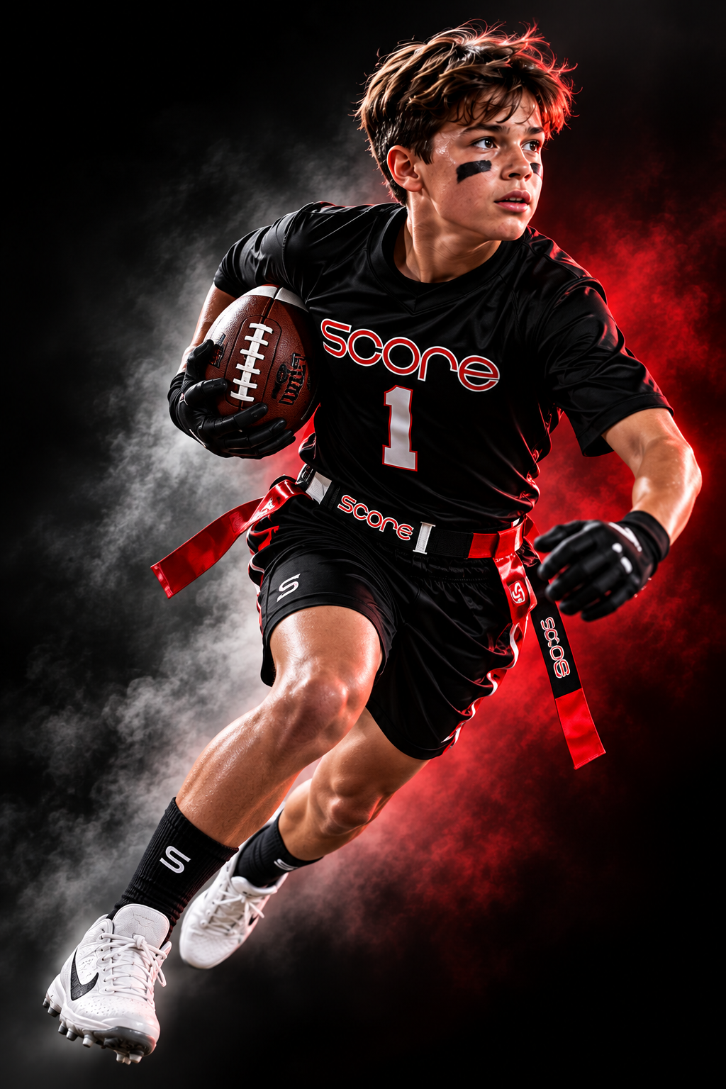 SCORE flag football athlete carrying the football