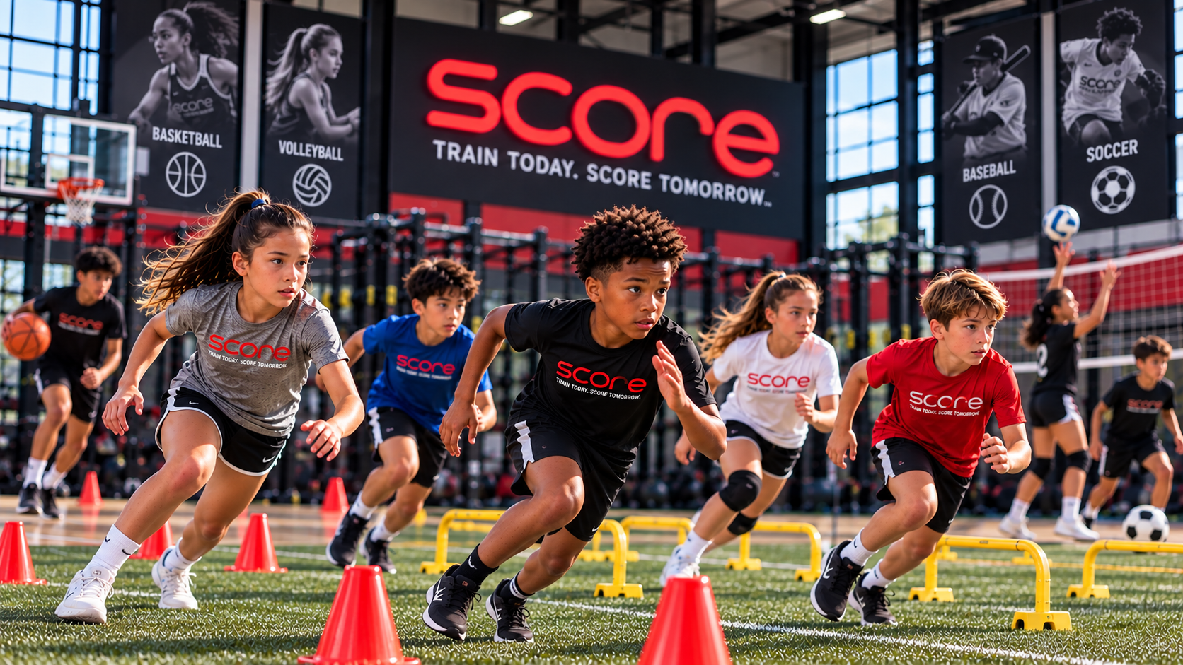 Young SCORE athletes sprinting through cones and hurdles in a multi-sport training facility