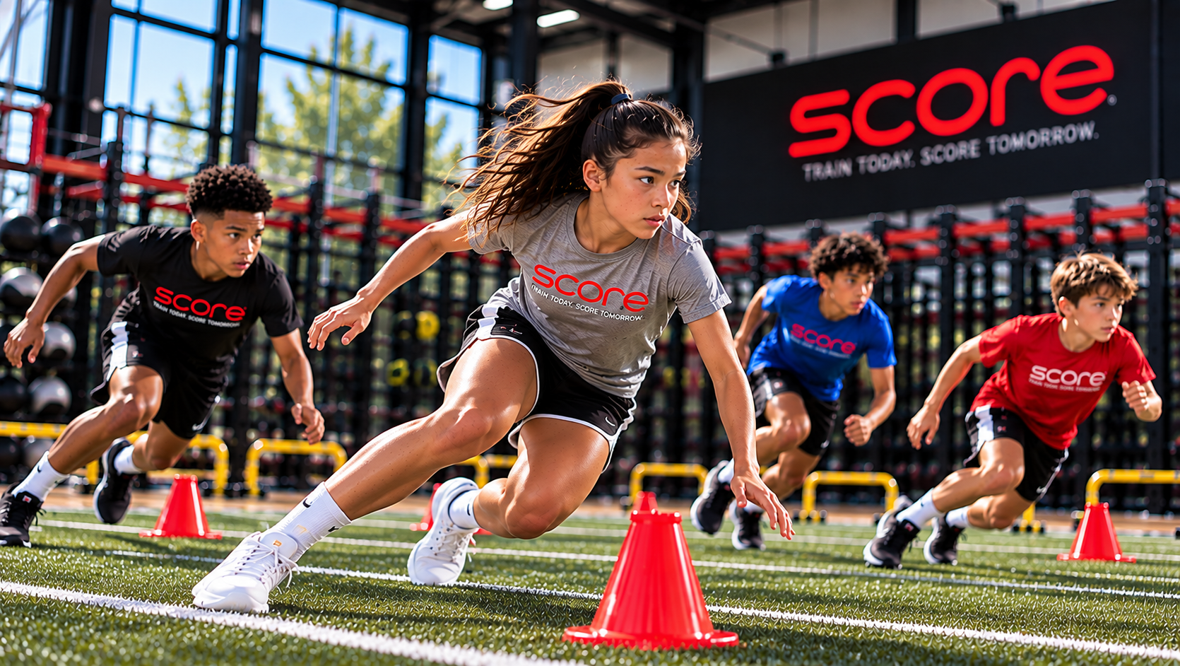 SCORE athlete planting and cutting around a cone during an agility drill