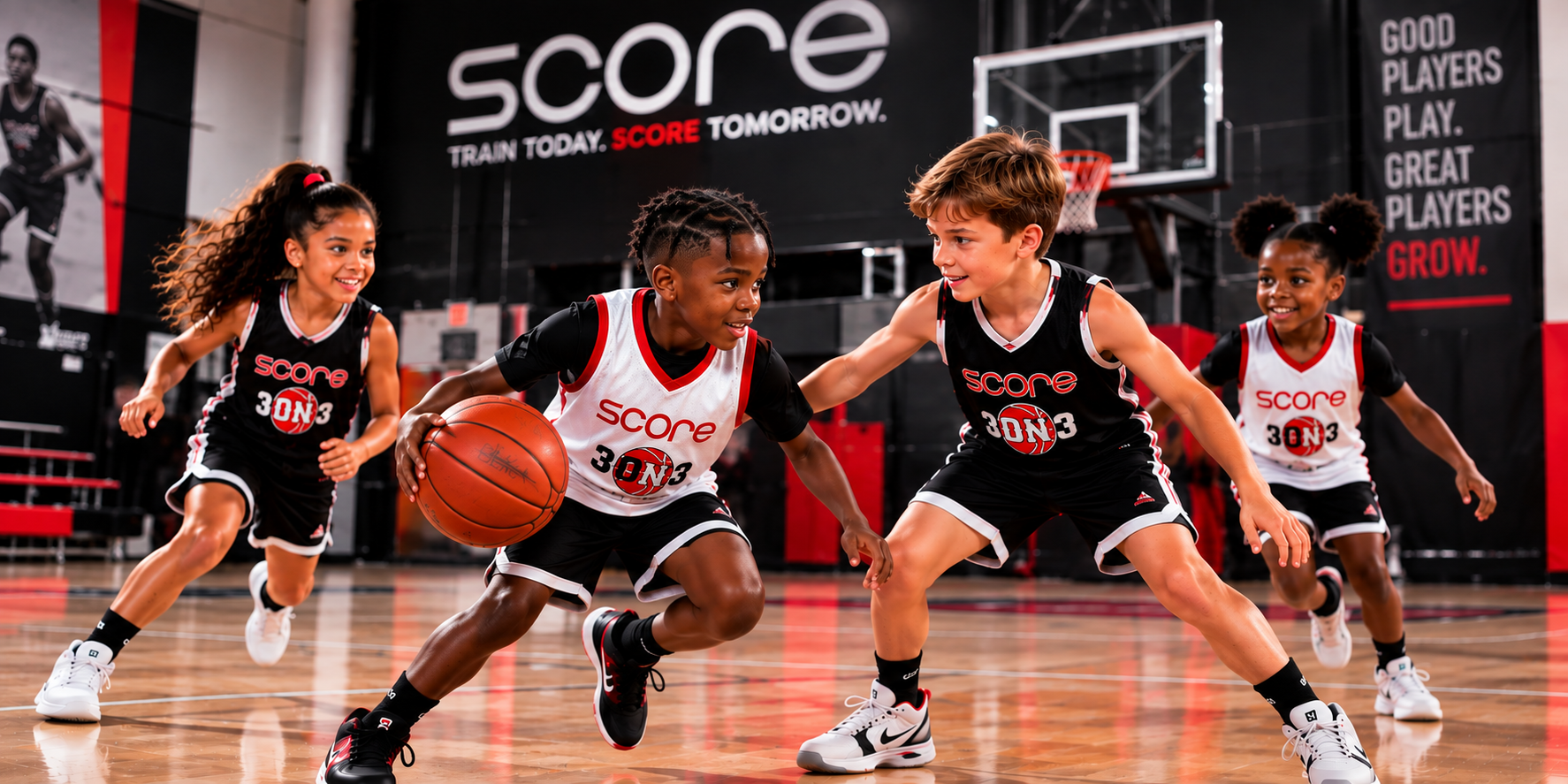 Elementary-school boys and girls playing an active coed SCORE basketball game