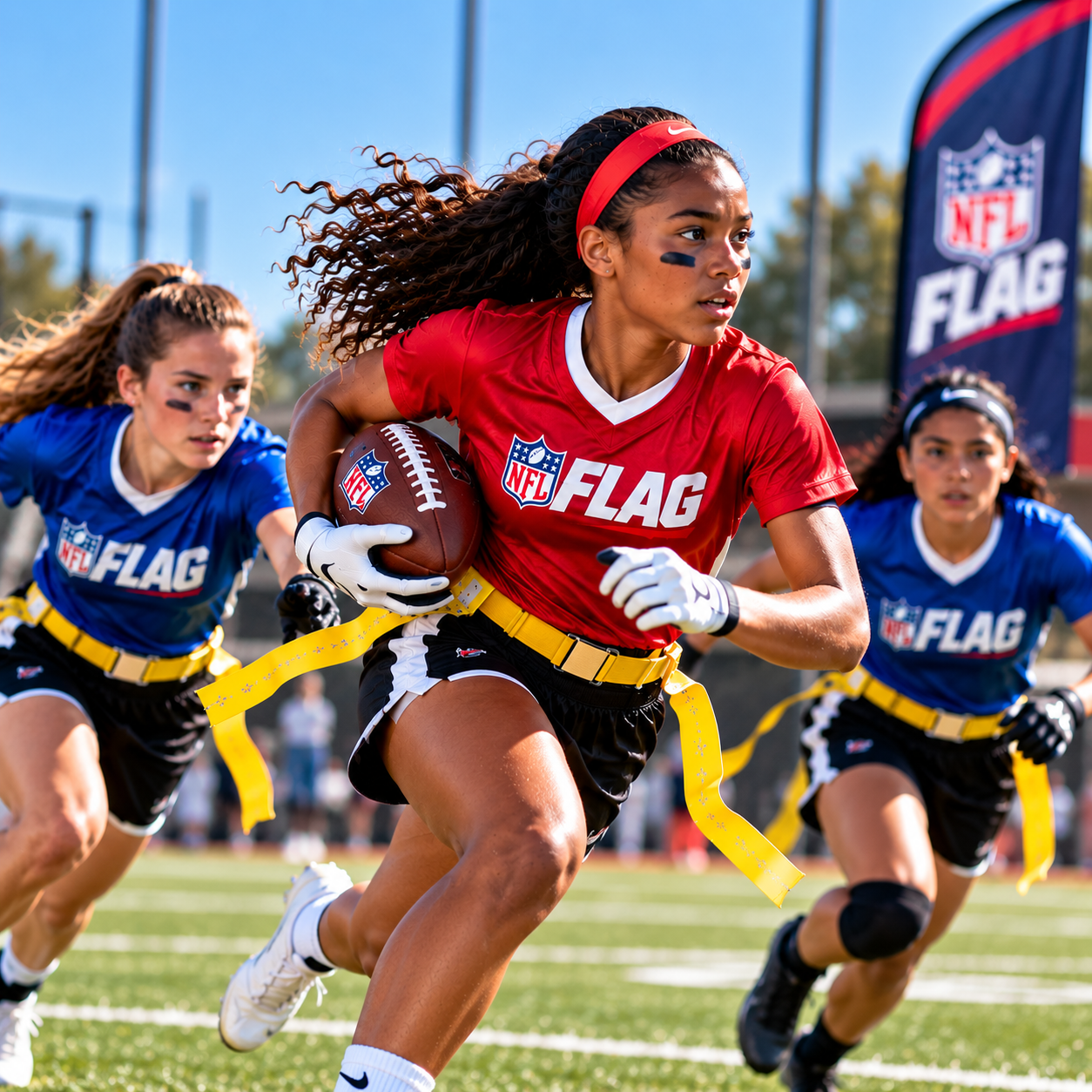 High school girls NFL FLAG game — a ball carrier in a red jersey runs with the football as two defenders in blue pursue her flags