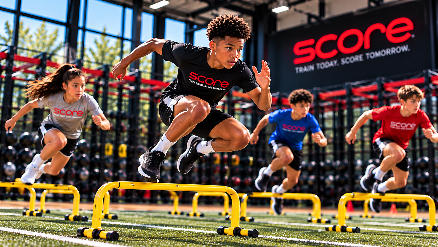 SCORE athletes jumping over hurdles during explosive power training