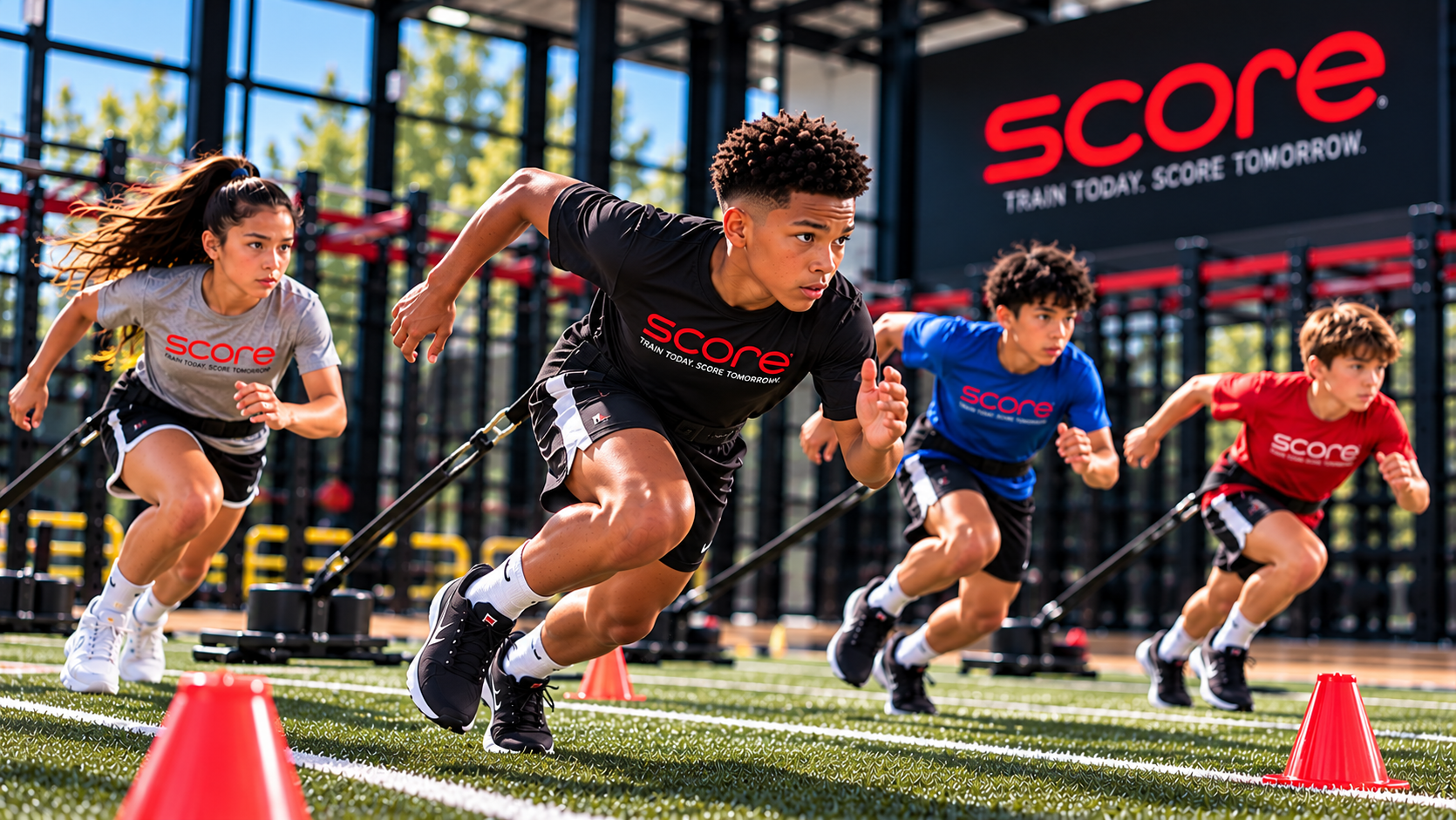 Young SCORE athletes accelerating out of a sprint start on turf