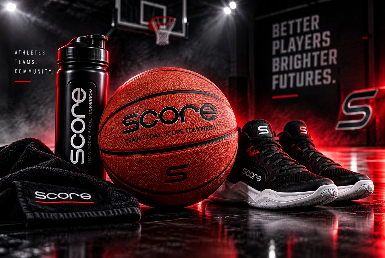 SCORE basketball and training equipment on the court